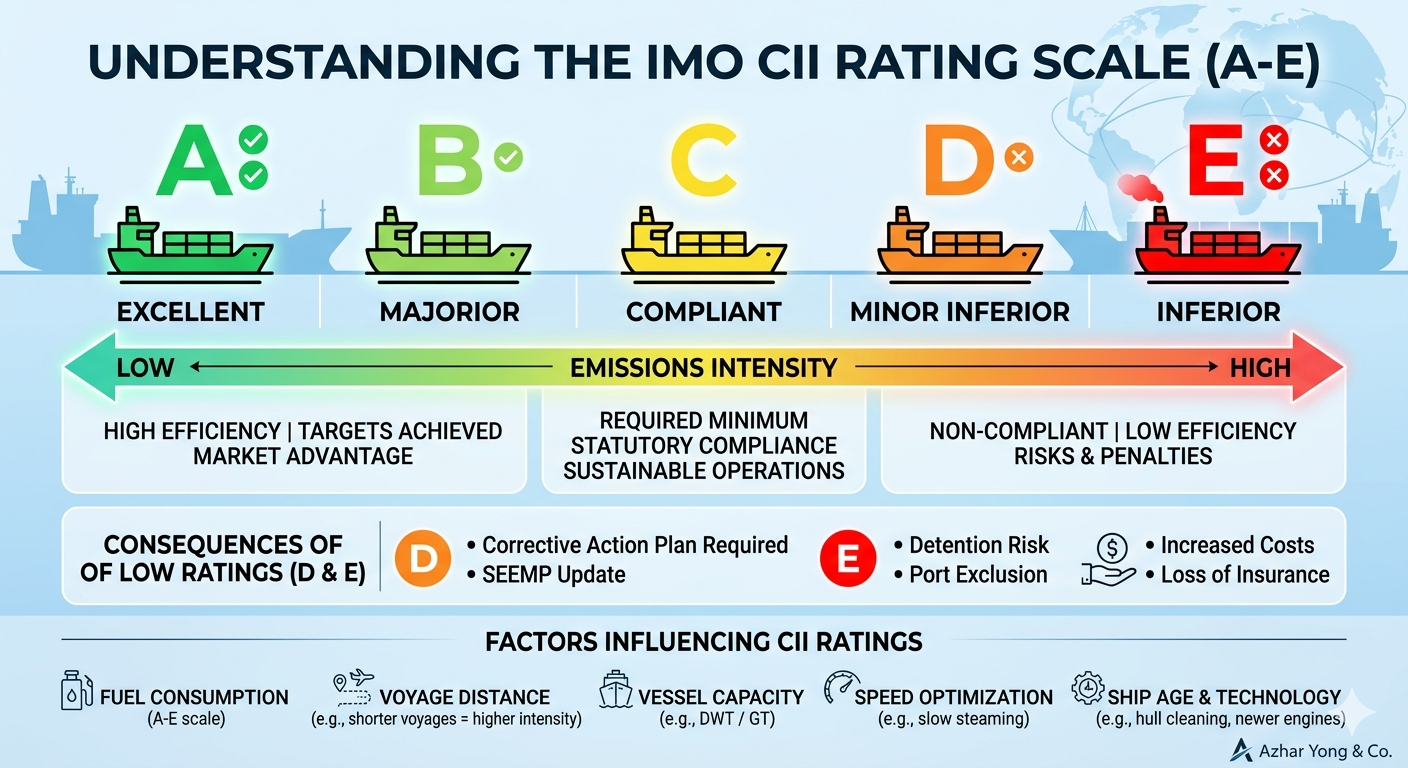 Infographic showing CII rating scales from A to E for maritime vessels